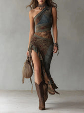 Amanda - Vestido longo assimétrico com padrão