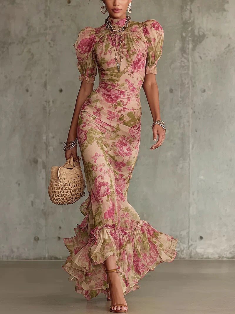 Lara - Vestido longo ajustado com padrão floral