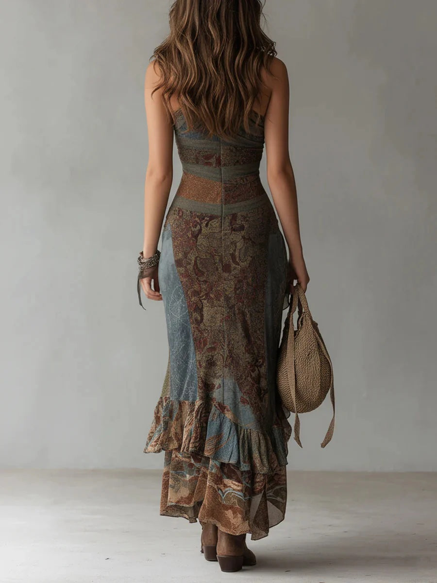 Amanda - Vestido longo assimétrico com padrão