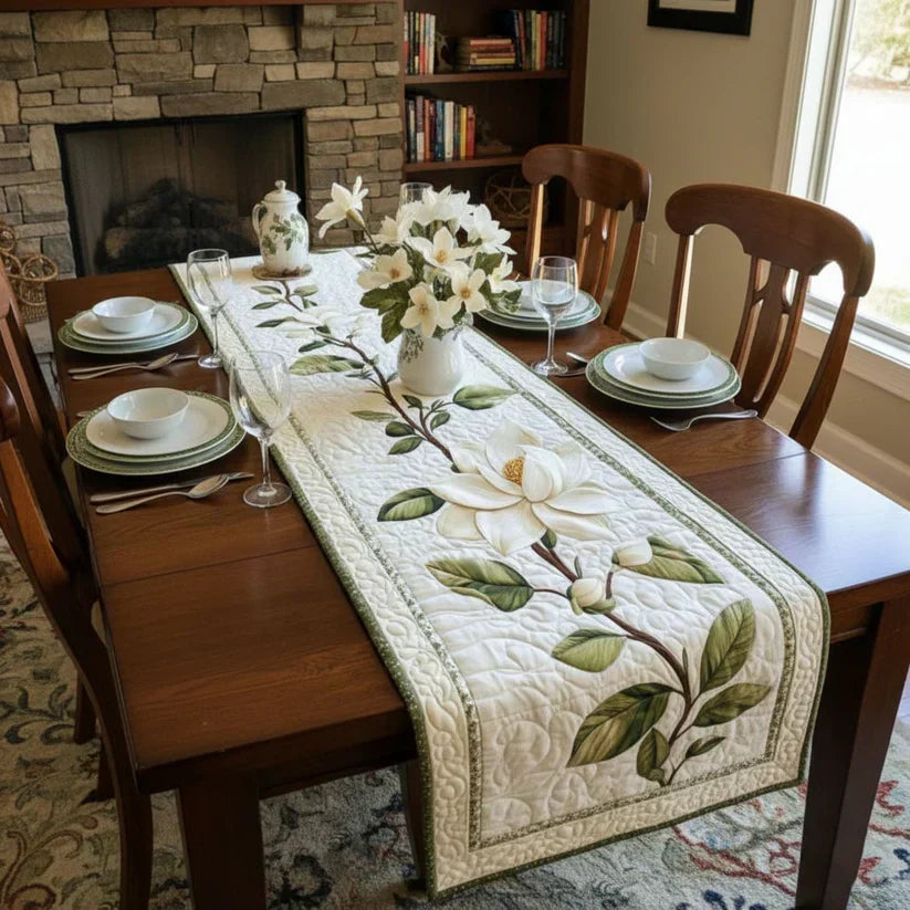 Caminho de Mesa Acolchoado Flor de Magnólia Rústica