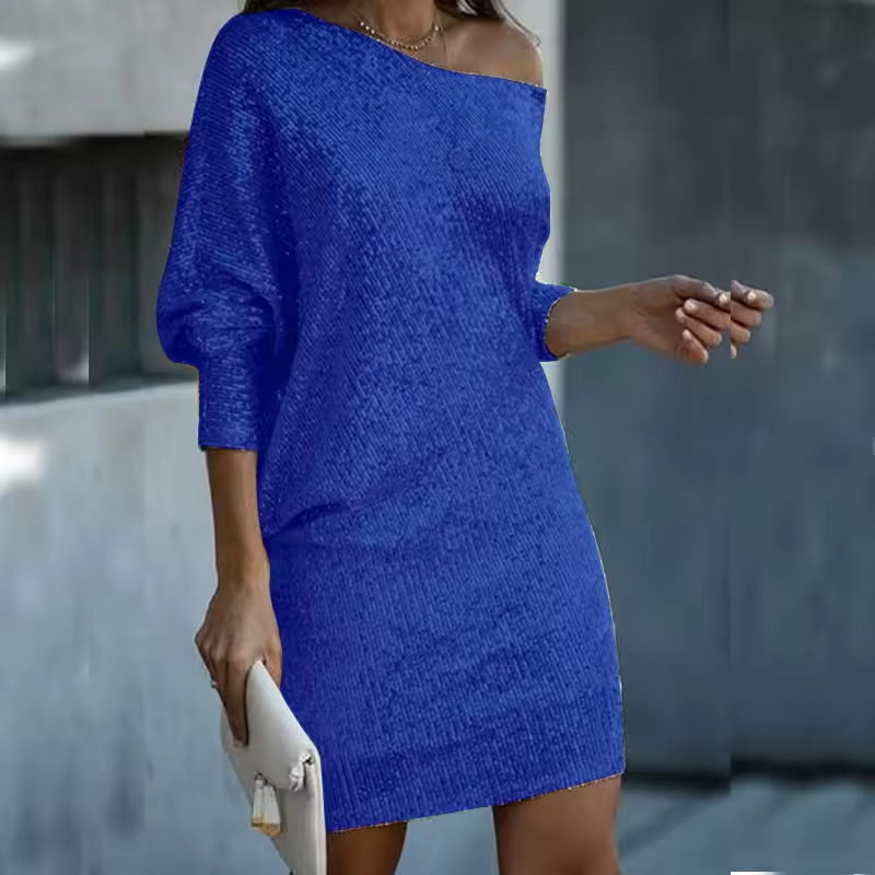 Elegantna mini obleka z bleščicami in golimi rameni