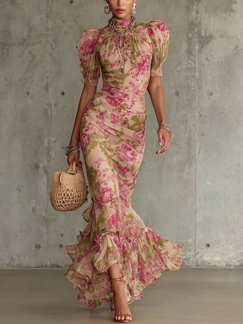 Flor - Vestido longo com padrão vintage de rosas
