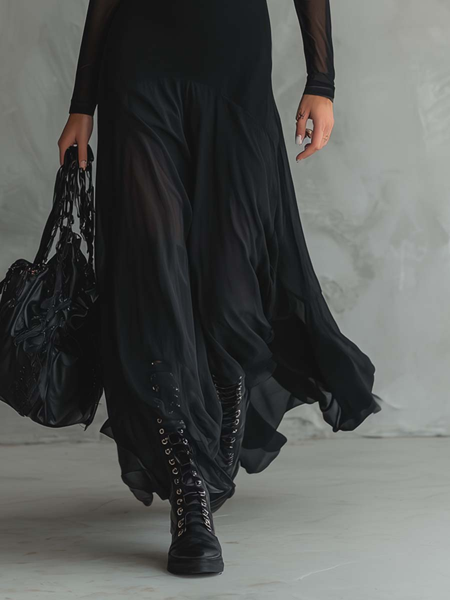 Nina - Vestido maxi preto em tule de corte solto