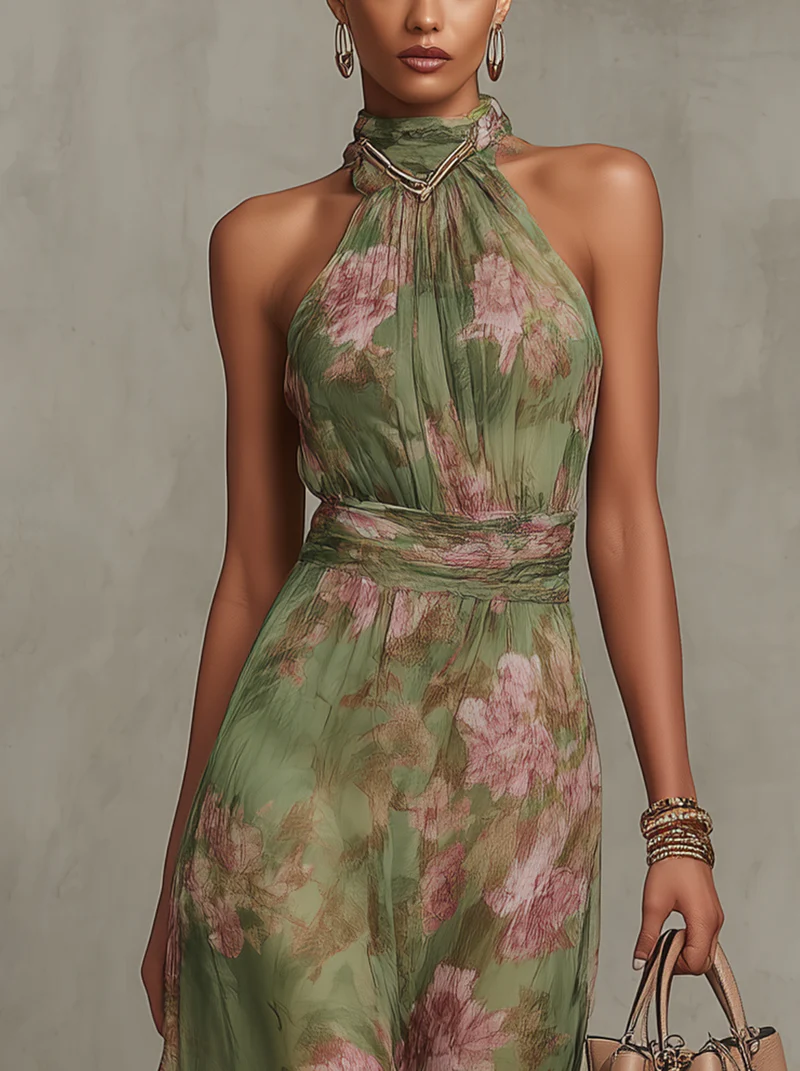 Lídia | Vestido Comprido Floral de Decote Halter