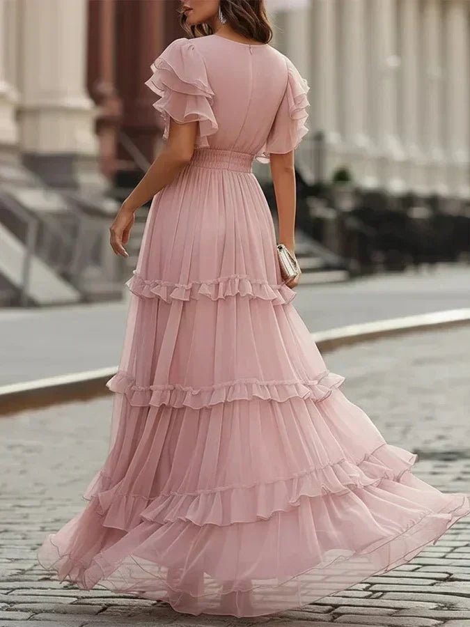 Rosália | Vestido Comprido Rosa com Folhos e Mangas Borboleta