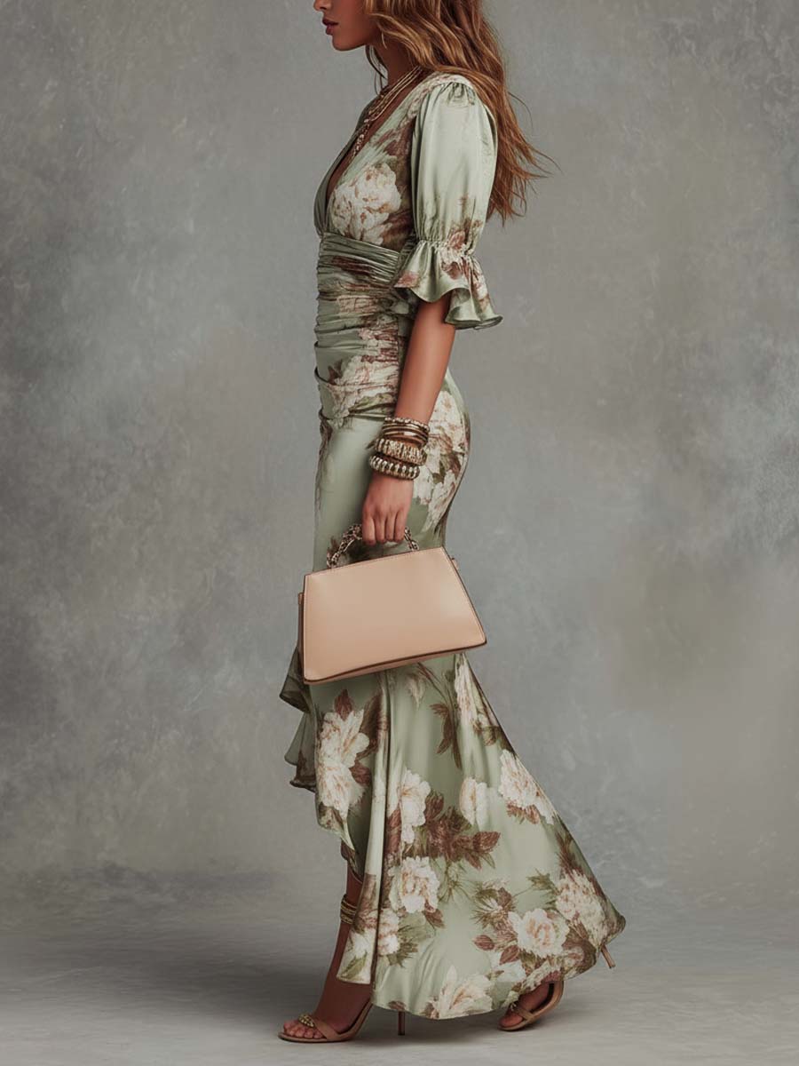 Débora | Vestido Comprido Floral com Mangas de Folhos