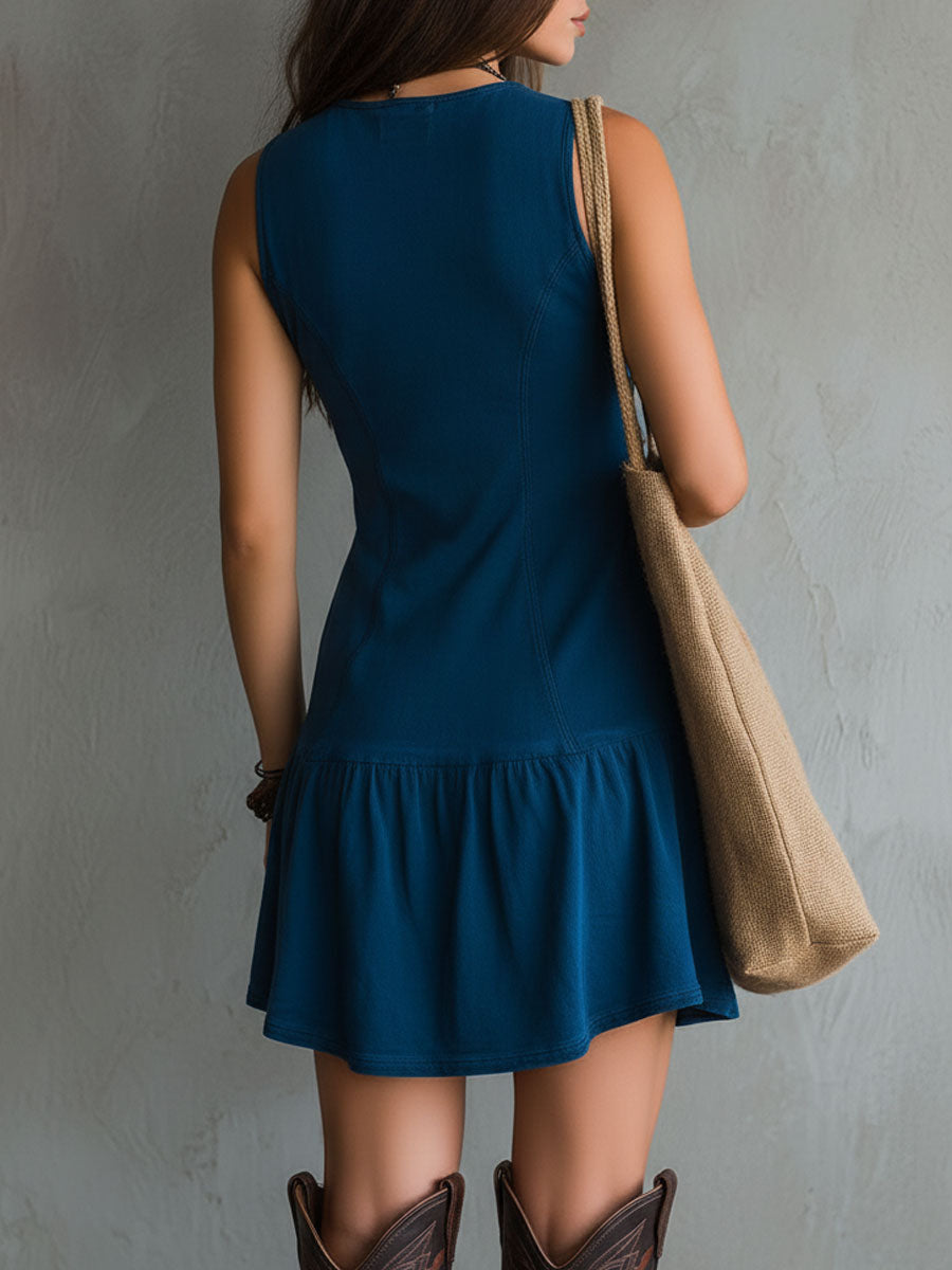 Indigo mini obleka brez rokavov z V-izrezom in gumbi