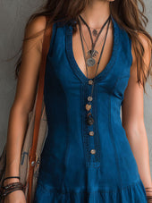 Indigo mini obleka brez rokavov z V-izrezom in gumbi
