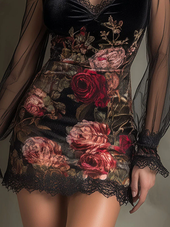 Églantine | Kratka obleka iz tila z vzorcem vrtnic in čipko