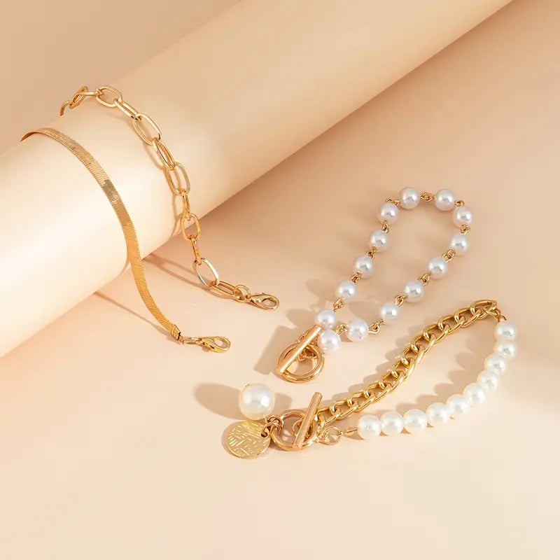 Armband-Set Chic Gold 4-teilig - Schlange, Perlen und Glieder | Gold