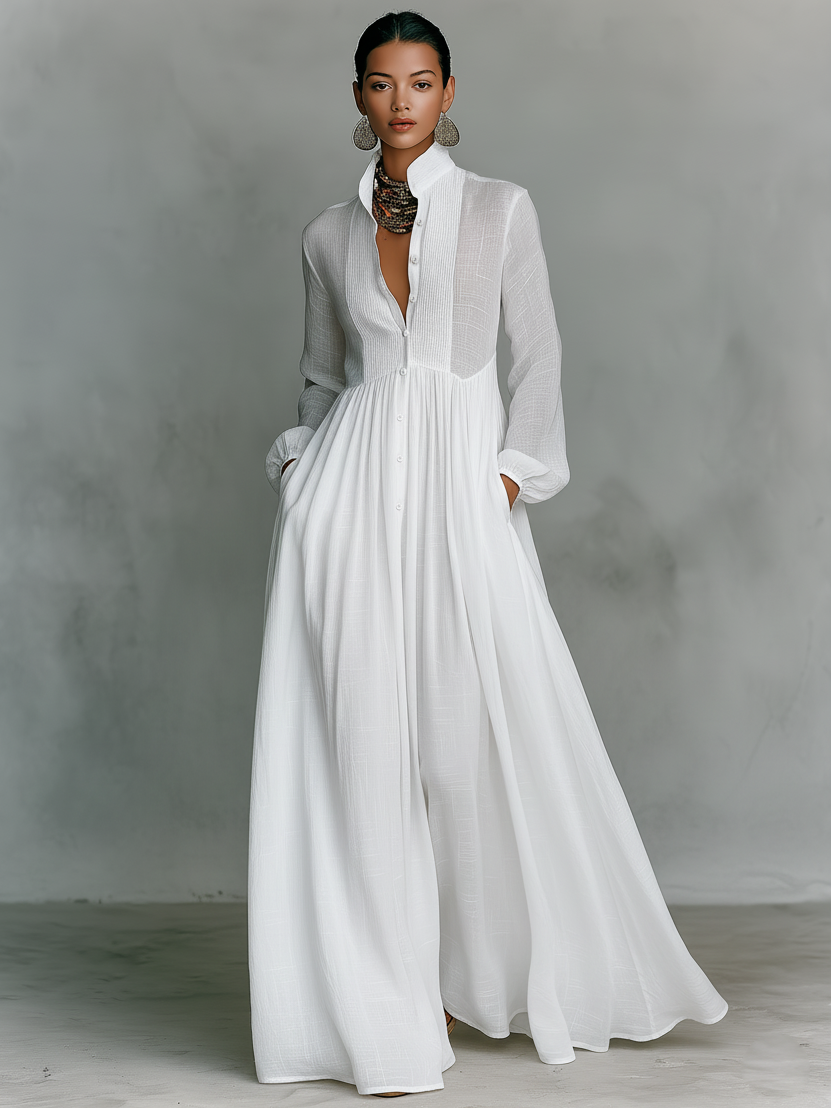Liana - Vestido maxi minimalista de algodão e linho