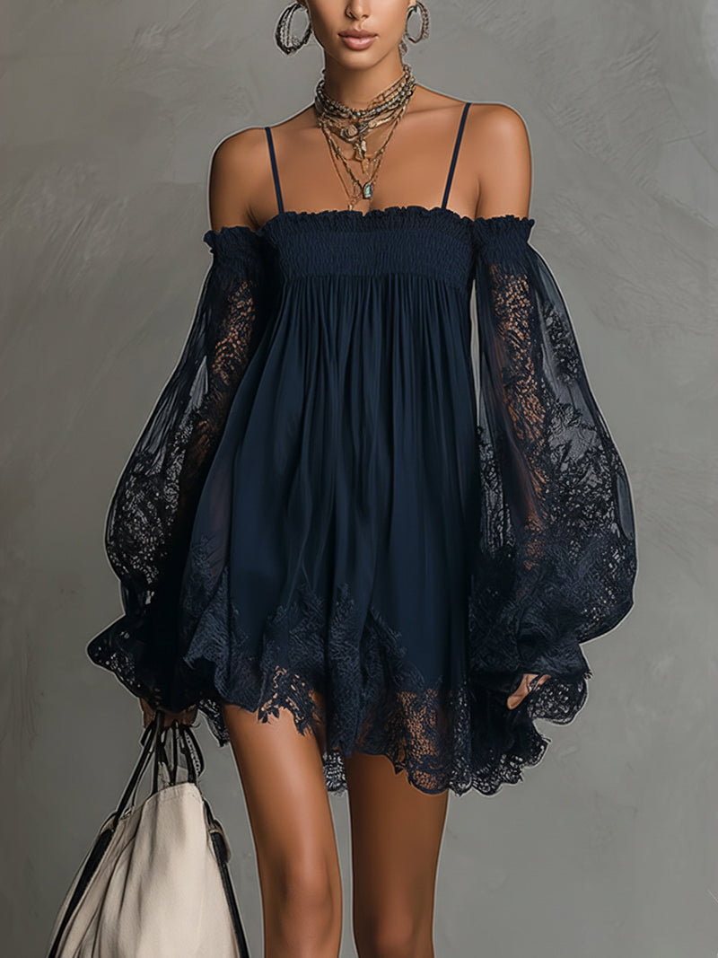 Nádia - Vestido mini com ombros à mostra e renda