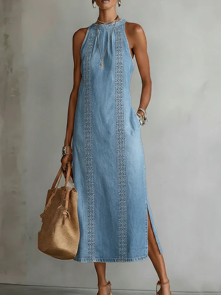 Júlia - Vestido de Ganga com Renda Retro