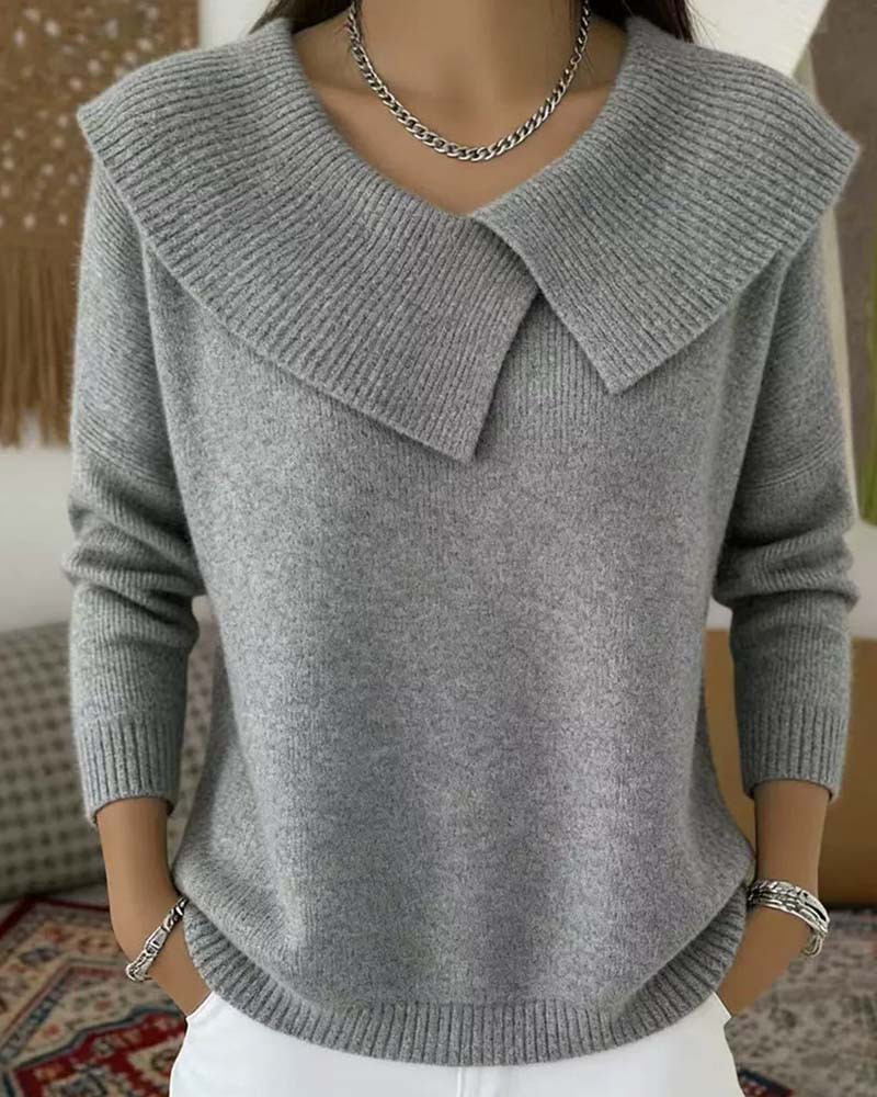 Enobarvni pulover z reverjem in dolgimi rokavi