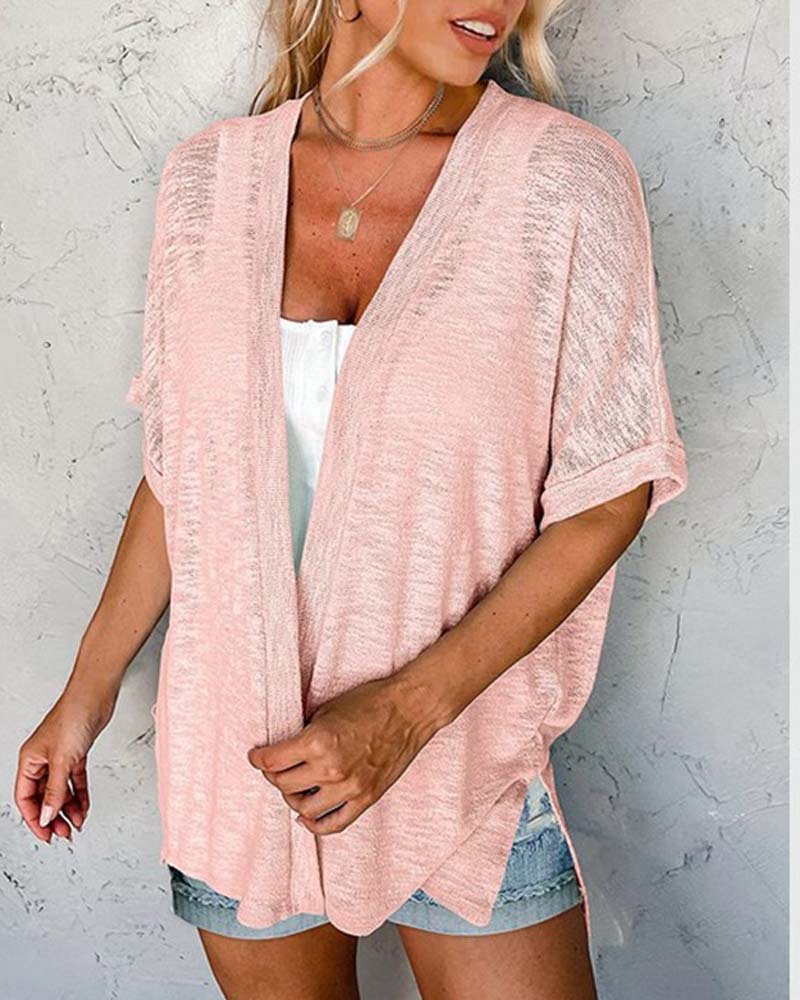 Sproščen enobarvni pleten plašč s kratkimi rokavi