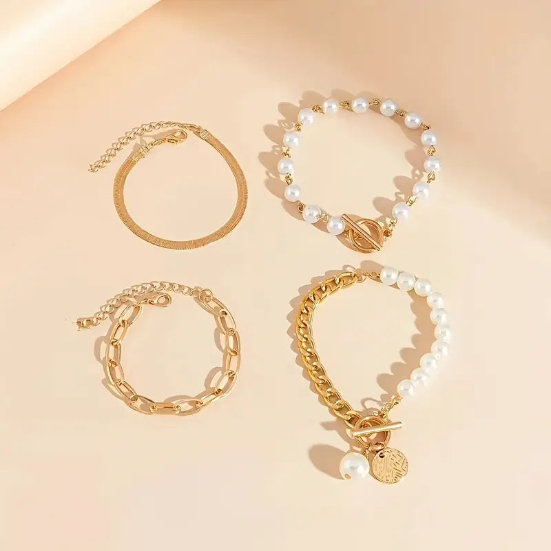 Armband-Set Chic Gold 4-teilig - Schlange, Perlen und Glieder | Gold