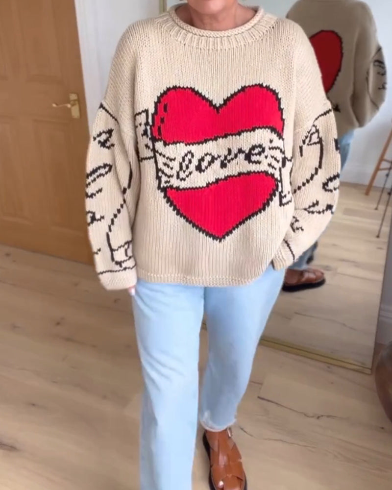 Sproščen pulover s srčnim vzorcem