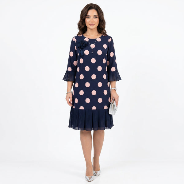 Clara - Vestido Azul Marinho às Bolinhas com Detalhe de Folhos