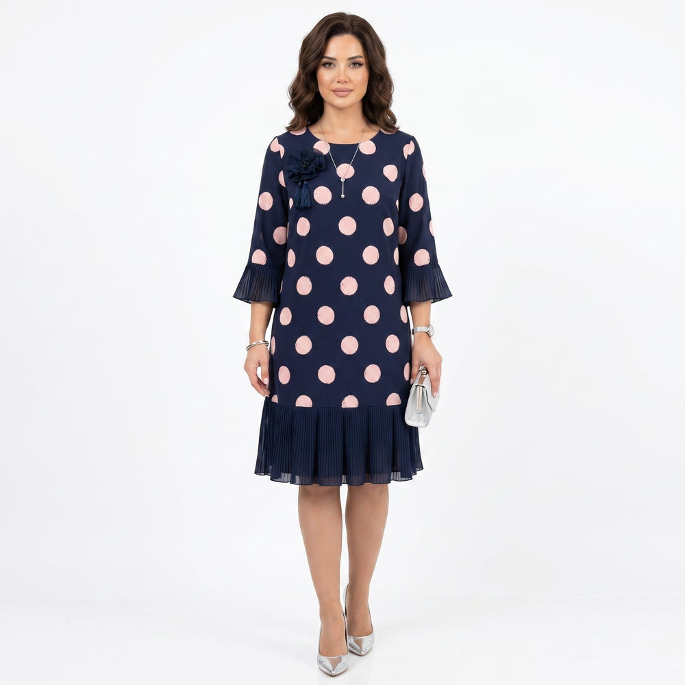 Clara - Vestido Azul Marinho às Bolinhas com Detalhe de Folhos