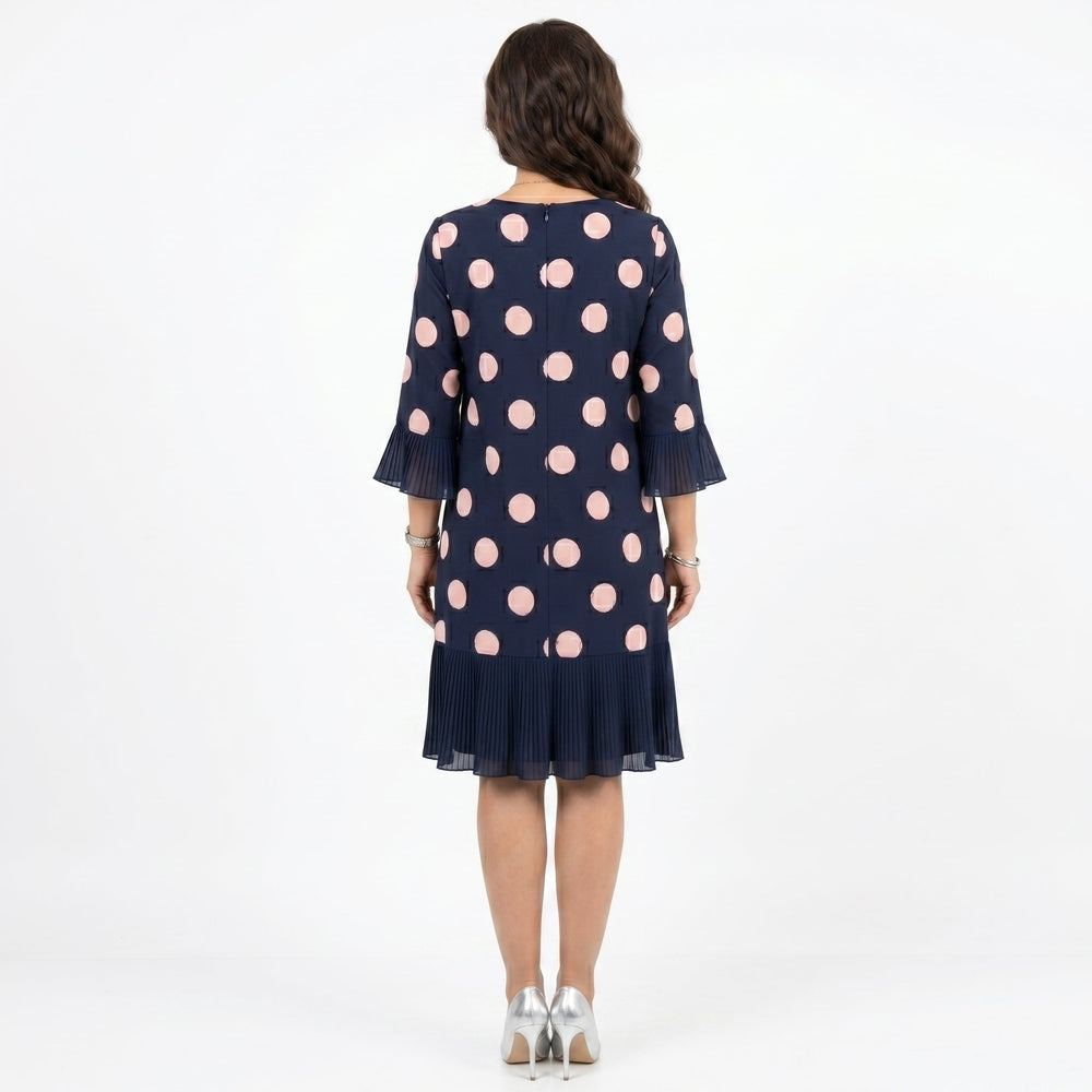Clara - Vestido Azul Marinho às Bolinhas com Detalhe de Folhos