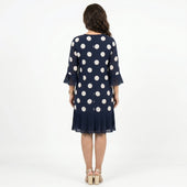 Clara - Vestido Azul Marinho às Bolinhas com Detalhe de Folhos