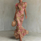Flor - Vestido longo com padrão vintage de rosas