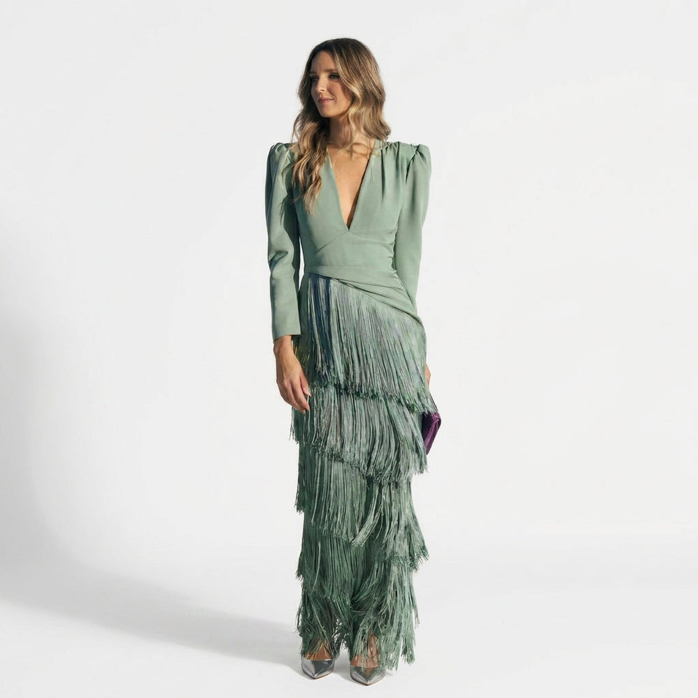 Gabriela - Vestido Longo de Franjas com Decote em V