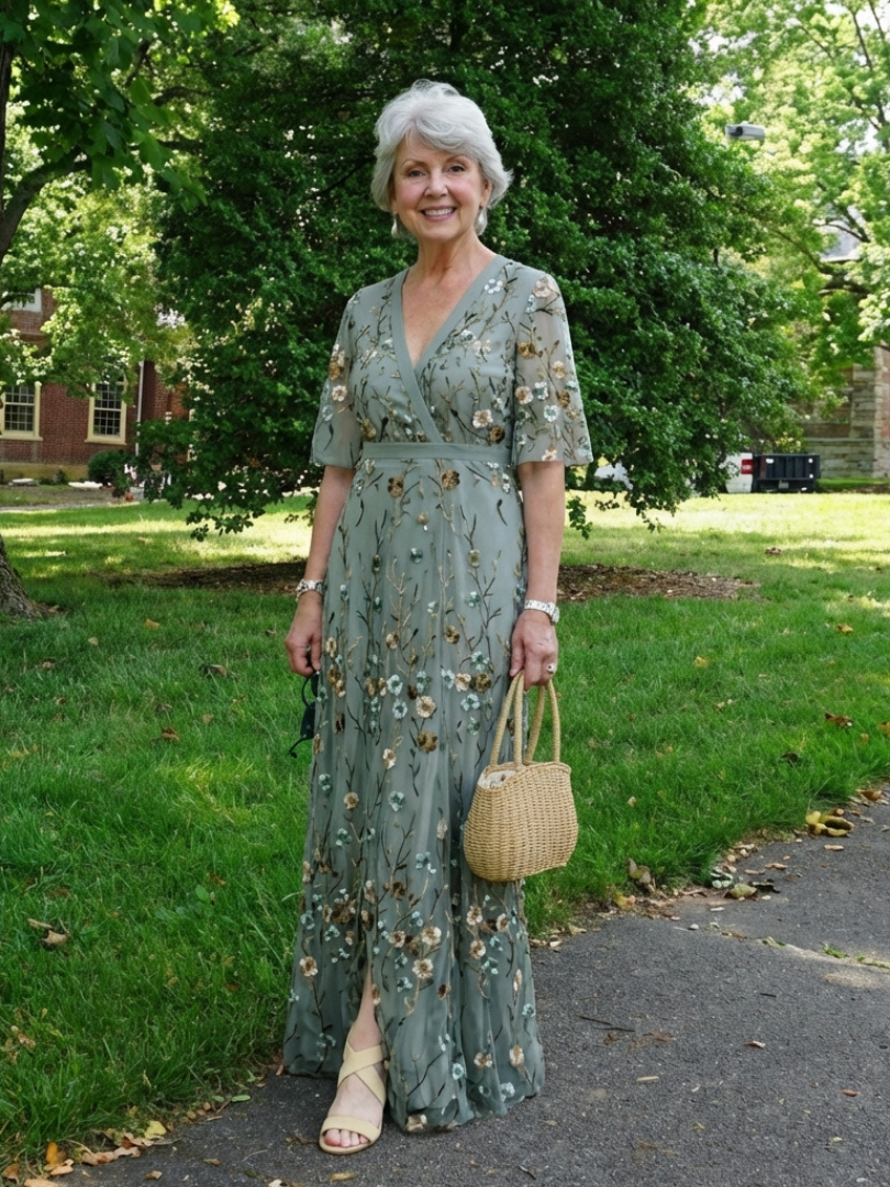 Elga – Vestido longo florido com decote em V