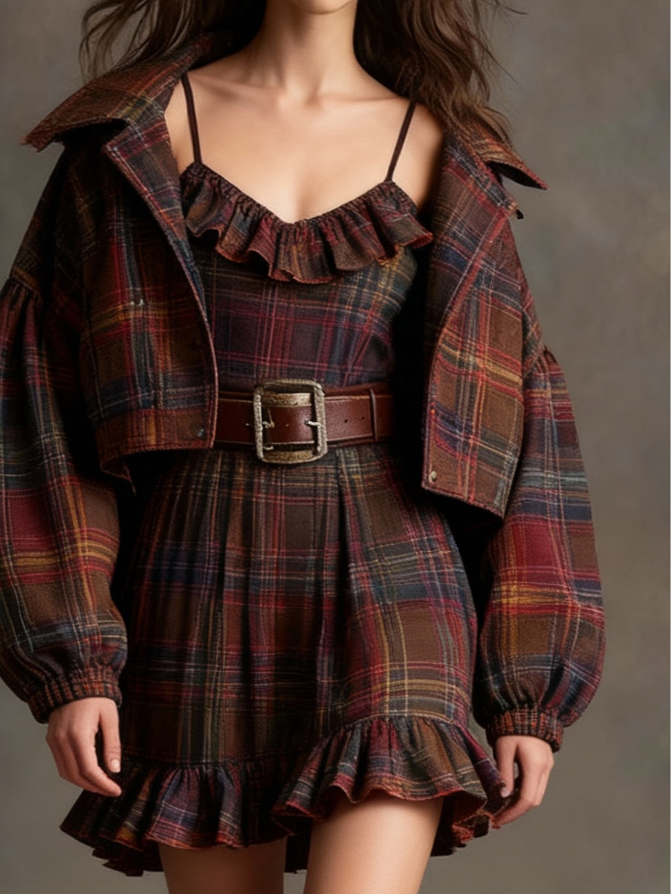 Marielle | Vintage karirasta obleka z ohlapnim jopičem in pasom