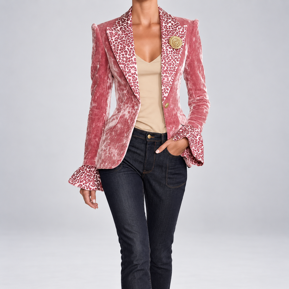 Perpétua | Blazer de Veludo com Lapela Leopardo