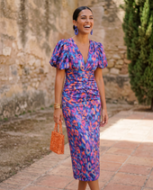 Carla | Vestido Midi Floral com Mangas de Balão