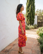 Carla | Vestido Midi Floral com Mangas de Balão