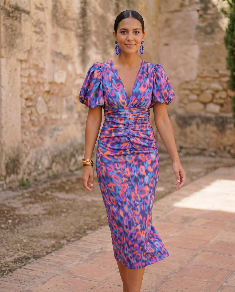 Carla | Vestido Midi Floral com Mangas de Balão
