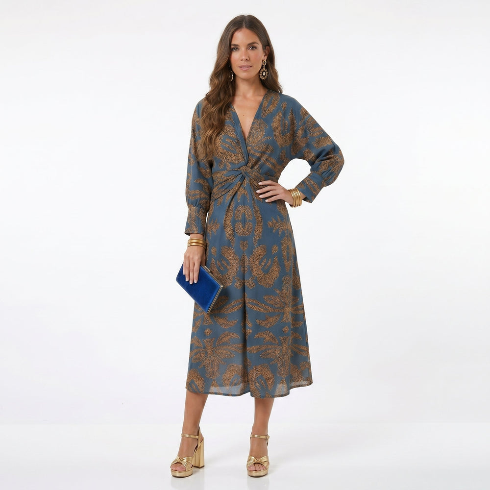 Teresa - Vestido Midi Estampado com Detalhe de Nó