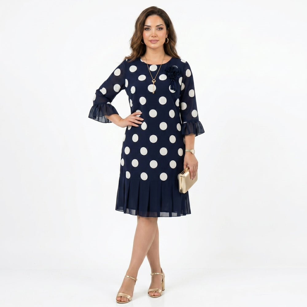 Clara - Vestido Azul Marinho às Bolinhas com Detalhe de Folhos