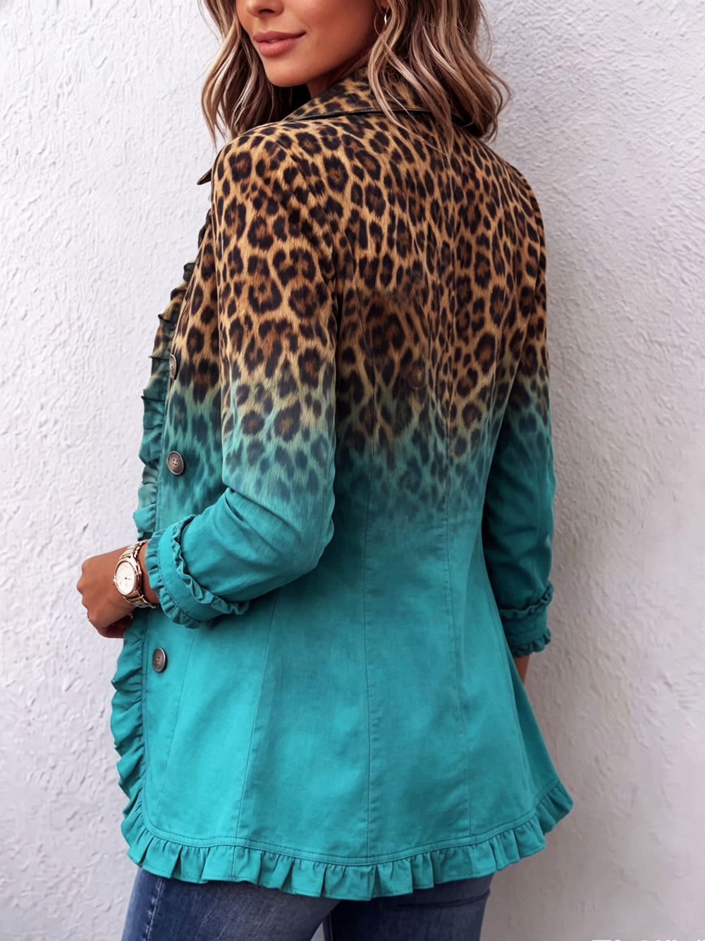 Elspeth – Blazer jakna z volani in leopardjim ombre vzorcem