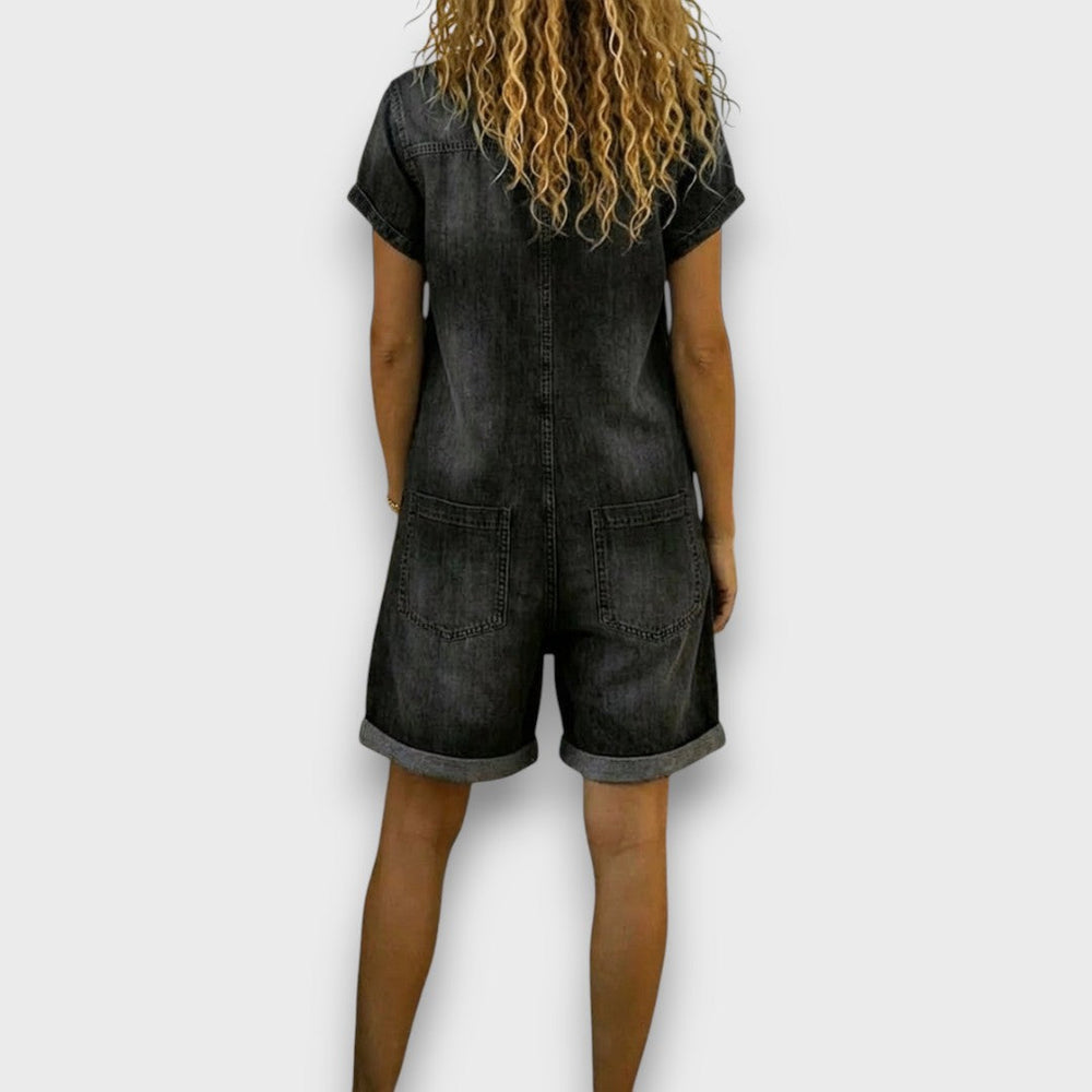 Cátia - Macacão Curto Vintage em Algodão com Aspeto de Denim