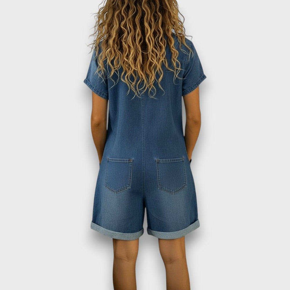 Cátia - Macacão Curto Vintage em Algodão com Aspeto de Denim