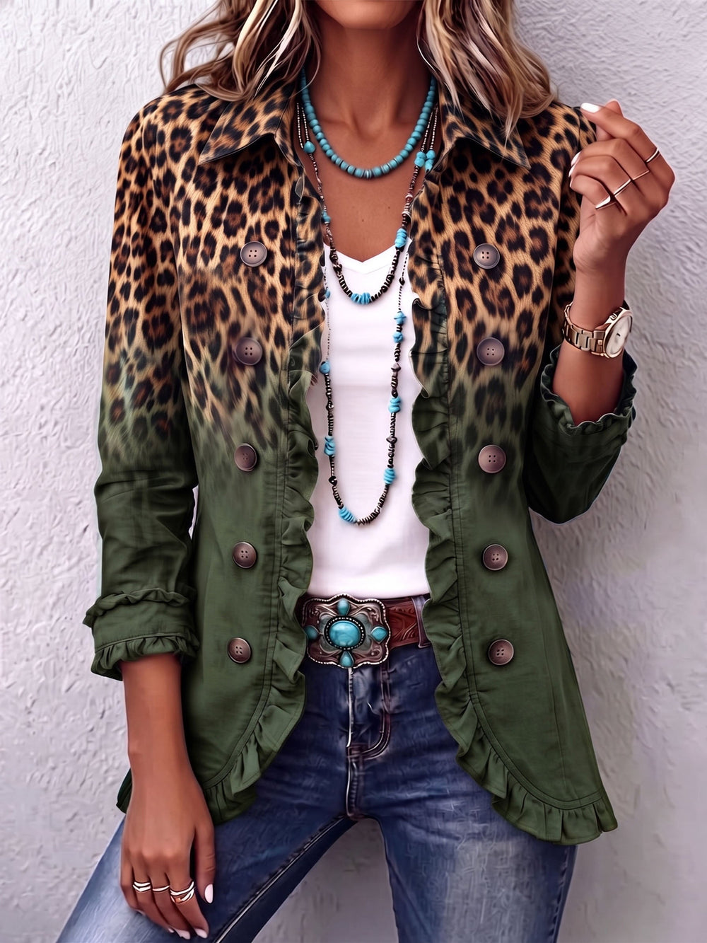 Rowena – Blazer jakna z volani in leopardjim ombre vzorcem