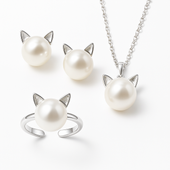 Conceição | Conjunto Colar, Brincos e Anel Gatinho com Pérola