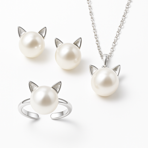 Conceição | Conjunto Colar, Brincos e Anel Gatinho com Pérola