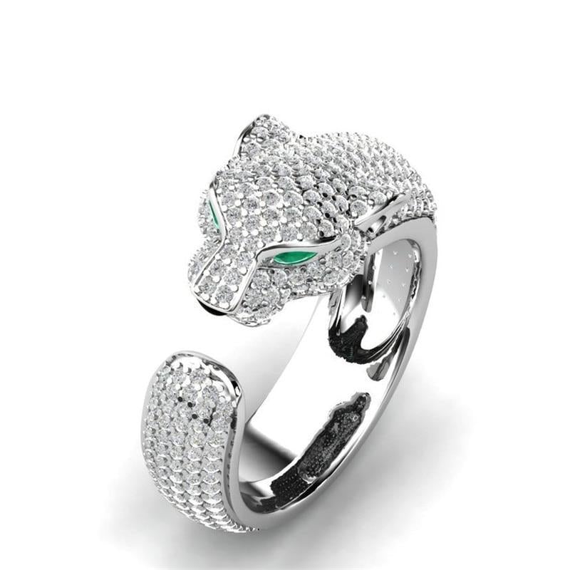 Verstellbarer Jaguar-Ring aus Silber und Roségold (18K) mit grünen Zirkonia-Augen