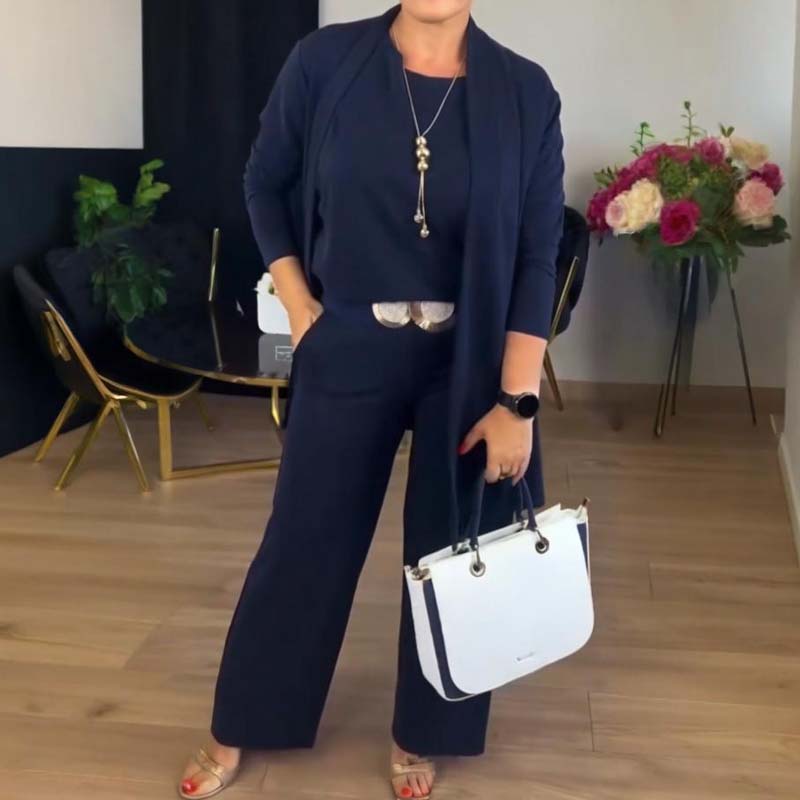 Eleganten trodelni komplet – dolg kardigan, top in hlače