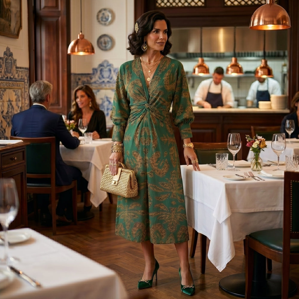 Teresa - Vestido Midi Estampado com Detalhe de Nó