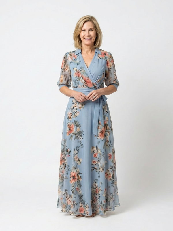 Celina | Vestido Comprido Floral Traçado com Decote em V