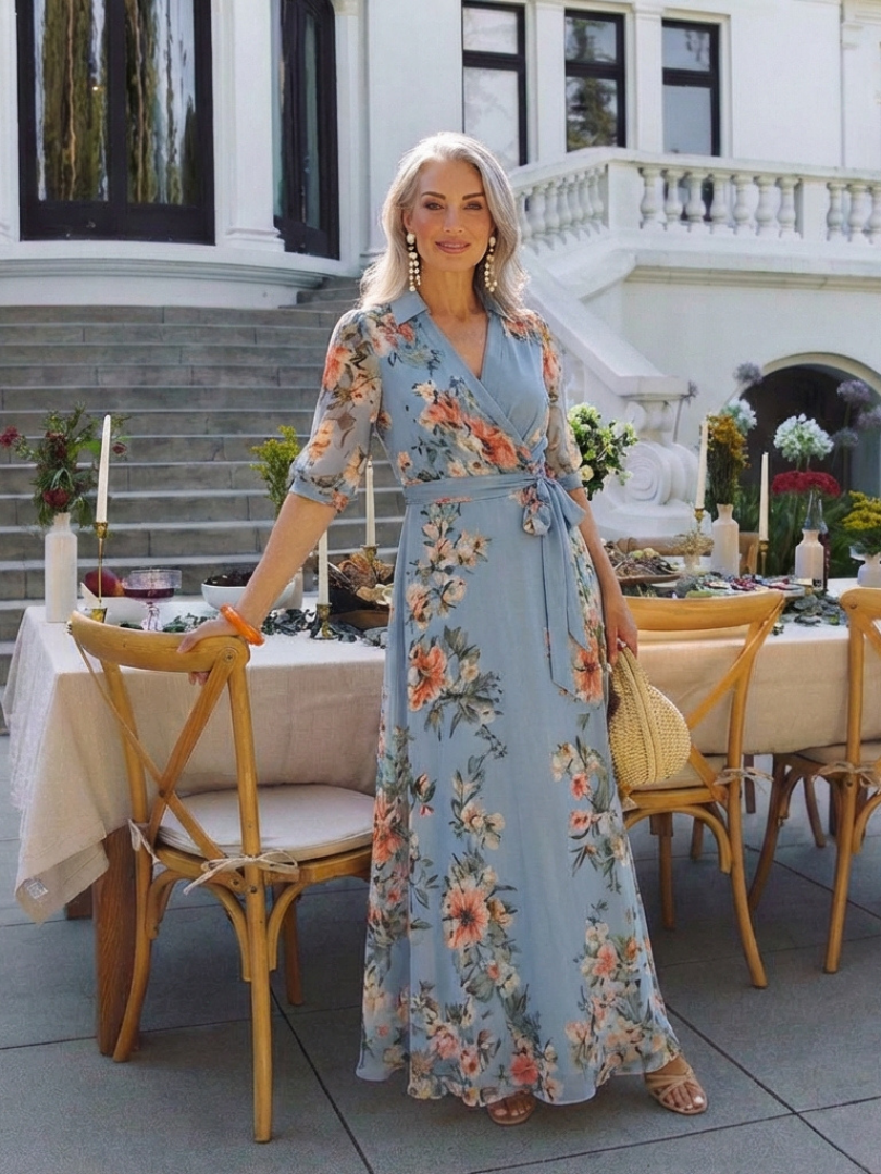 Celina | Vestido Comprido Floral Traçado com Decote em V