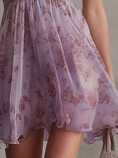 Violette | Šifonska kratka obleka z retro vijoličnimi cvetličnimi črtami