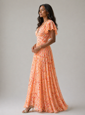 Rosana | Vestido Comprido Floral com Mangas Esvoaçantes