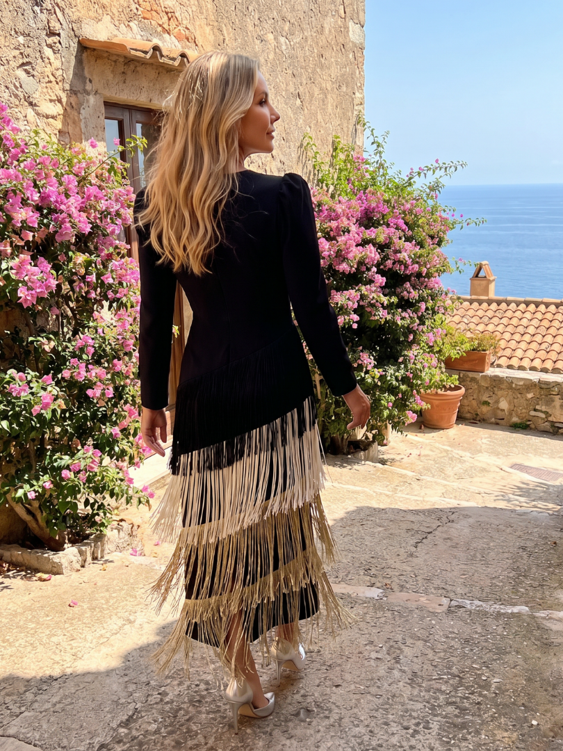 Madalena | Vestido Midi de Manga Comprida com Franjas