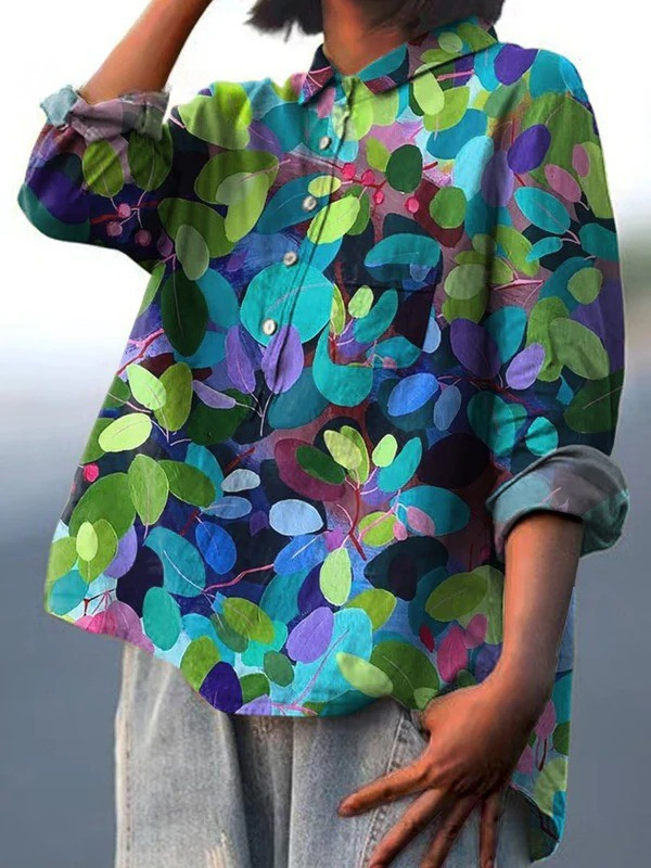 Graça - Camisa Casual Impressa em Arte da Floresta de Verão